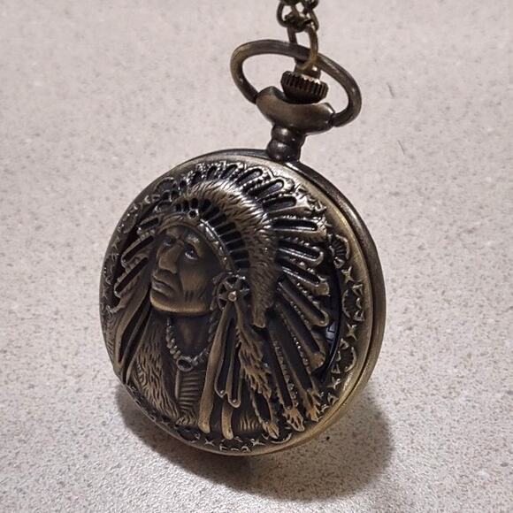 Native American Indian Chief Gold Pocket Watch / Necklace Valentine's Gift NEW